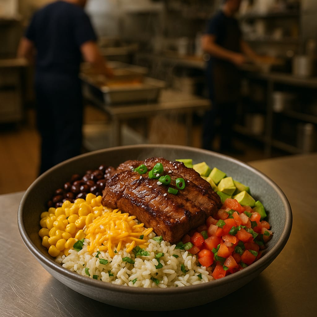 Southwest Steak Bowls — flank steak, cilantro-lime rice, corn, black beans, avocados, pico de gallo, and cheddar cheese