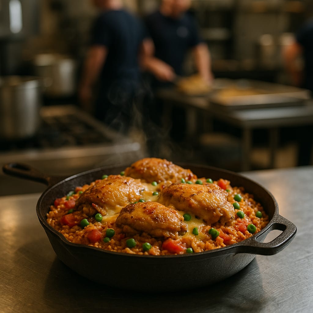 Spanish Rice Chicken One Pot — boneless chicken thighs, long-grain rice, diced tomatoes, bell peppers, and frozen peas