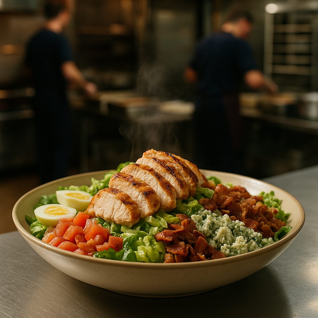 Station Cobb Salad — romaine lettuce hearts, chicken breast, thick-cut bacon, hard-boiled eggs, cherry tomatoes, and crumbled blue cheese