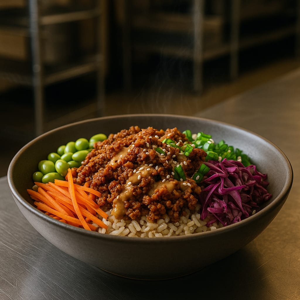 Tempeh Peanut Buddha Bowls — pan-crisped tempeh and edamame over rice with a peanut-lime sauce