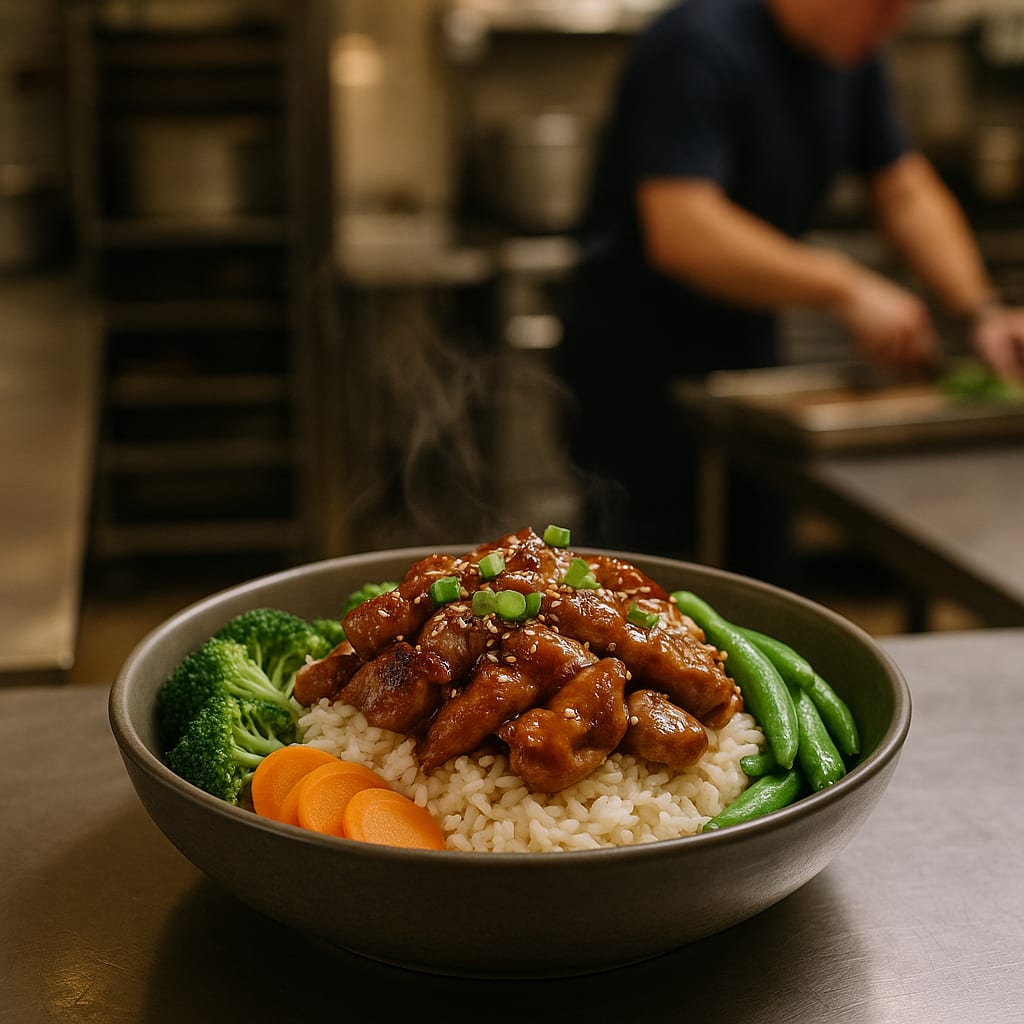 Teriyaki Chicken Rice Bowls — chicken thighs, jasmine rice, broccoli, carrots, snap peas, green onions, and sesame seeds