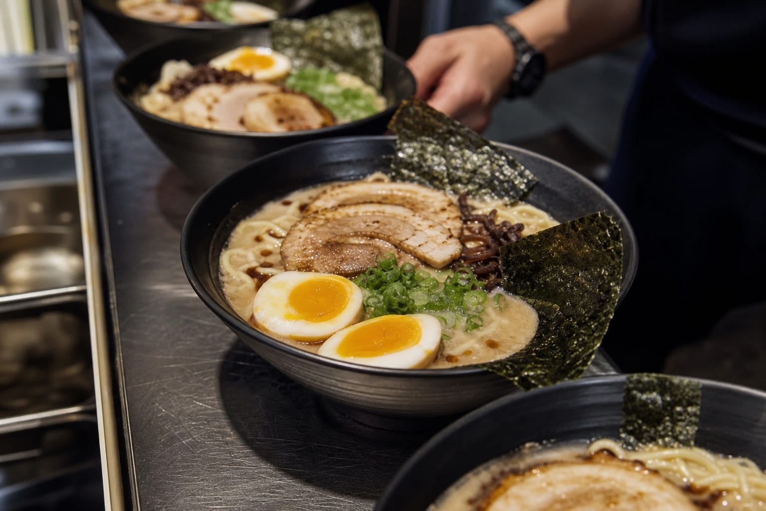 Tonkotsu Ramen for the Crew — ramen noodles, soft-boiled eggs, nori sheets, green onions, pork belly, and corn kernels