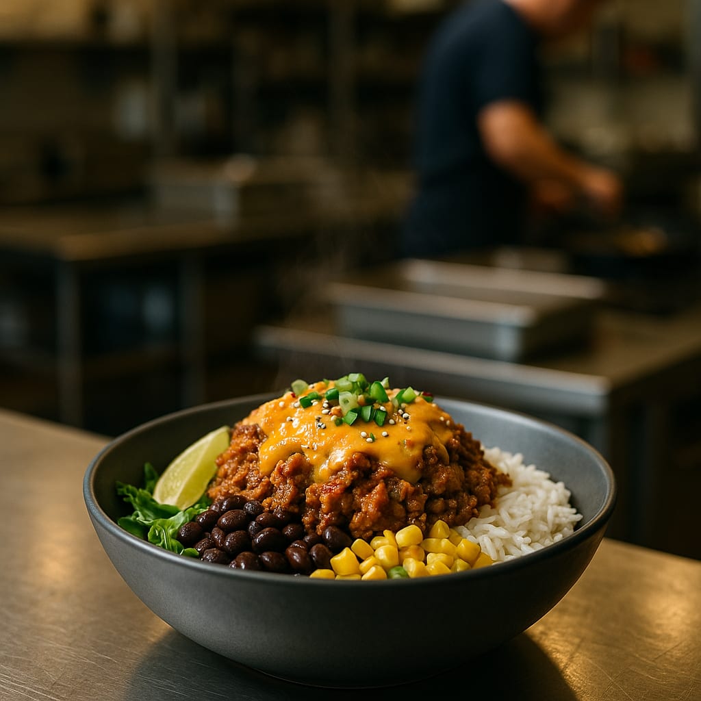 Turkey Taco Bowls — ground turkey, black beans, corn, rice, cheddar cheese, green onions, and lime wedge