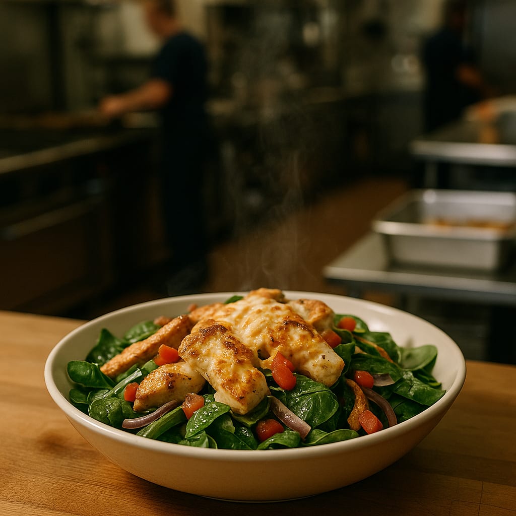 Sliced chicken over wilted spinach with bacon vinaigrette
