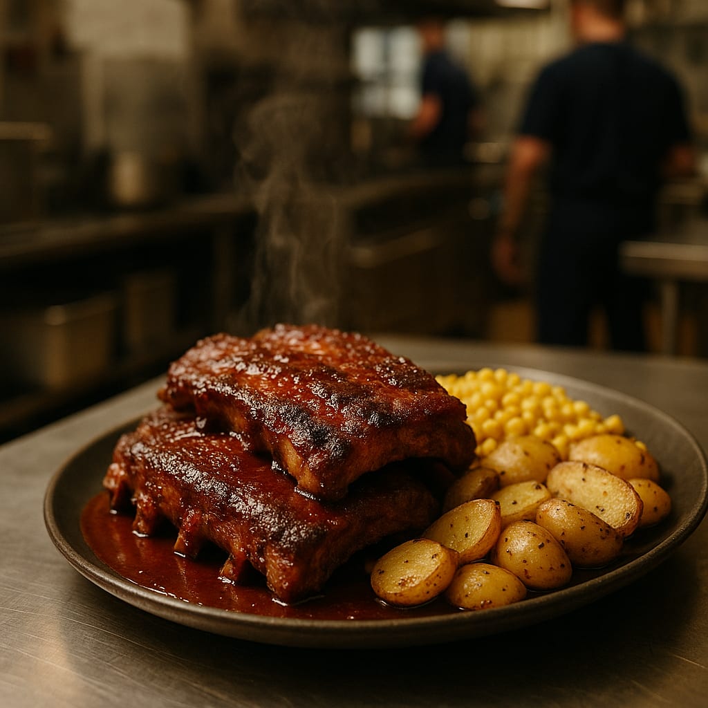 Weeknight BBQ Ribs for the Crew — st. louis ribs, barbecue sauce, corn, and potatoes