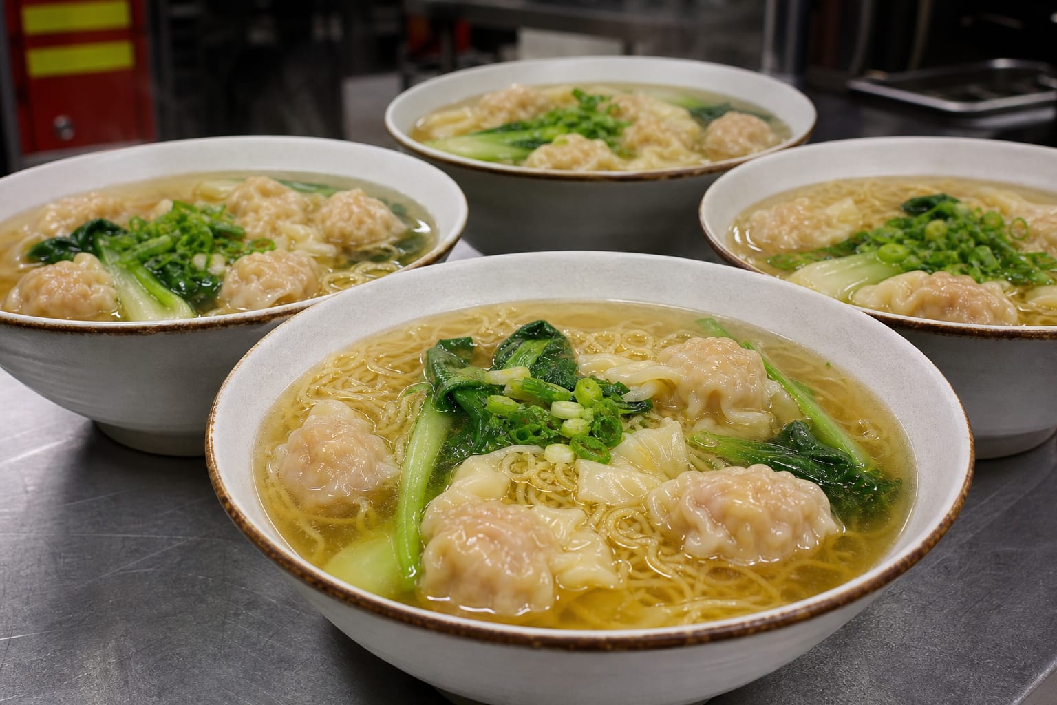 Wonton Noodle Soup for the Crew — egg noodles, baby bok choy, green onions, and broth