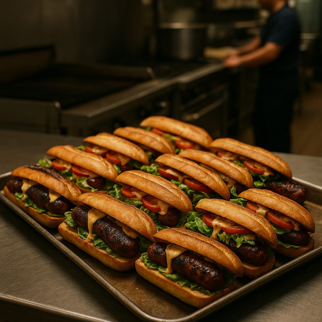 Andouille Po Boy Rolls for the Crew — andouille sausage, french baguettes, romaine lettuce, tomatoes, and remoulade sauce