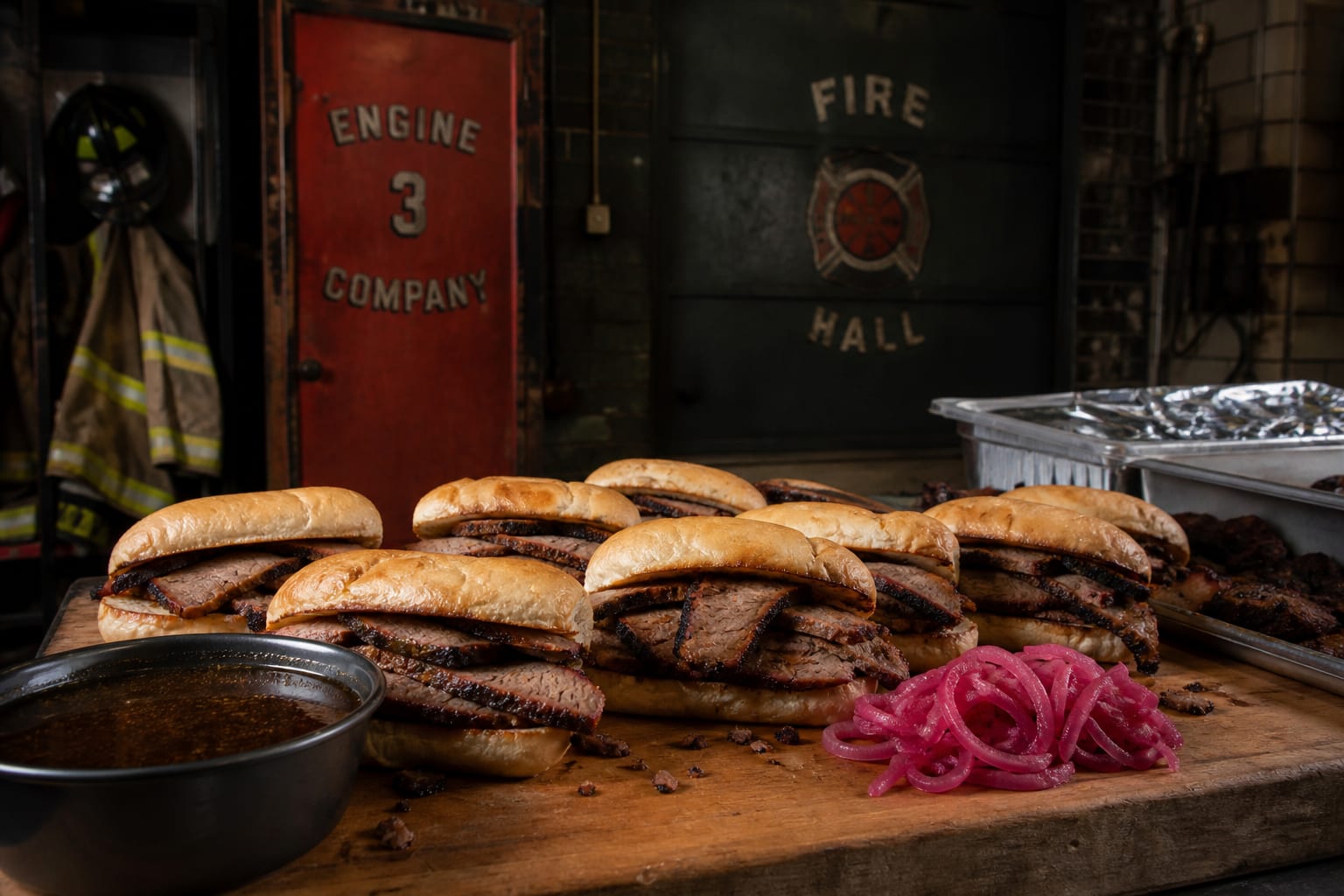 Brisket-Style Beef Sandwiches — beef chuck roast, hoagie rolls, red onion, and au jus