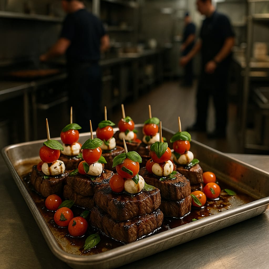 Heirloom Tomato Bocconcini Sirloin Stacks — sirloin steak, heirloom cherry tomatoes, buffalo mozzarella balls, and basil leaves