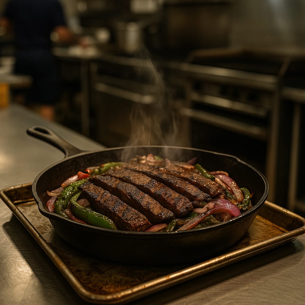 Cast Iron Skirt Steak Sizzlers — poblano peppers and red onions