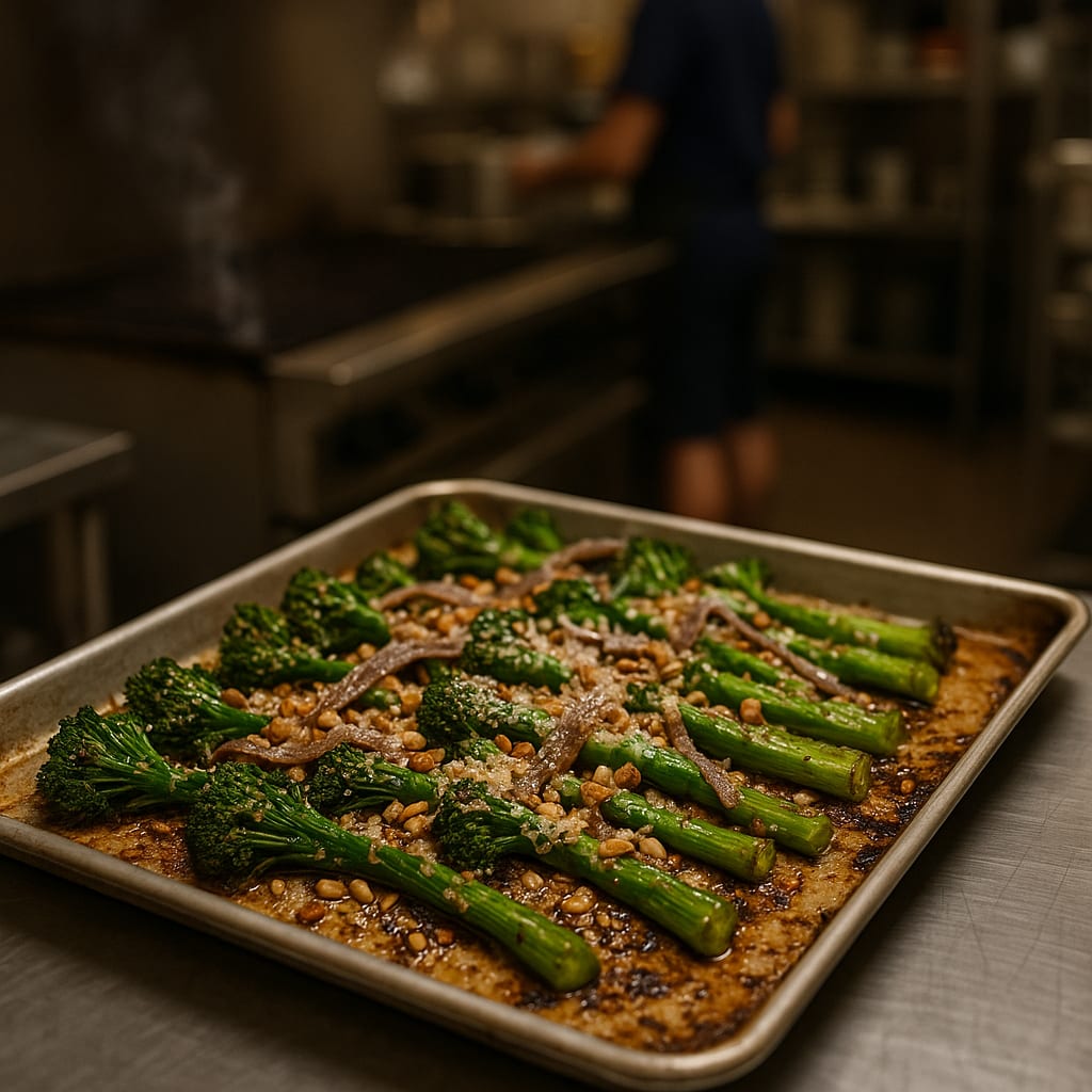 Sicilian Anchovy Broccolini Tray — anchovy fillets, pine nuts, and pecorino romano