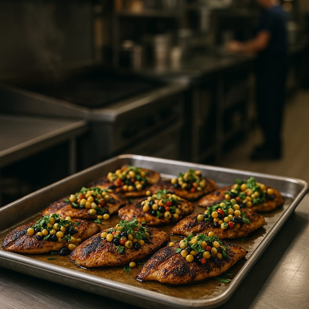 Ancho-Tilapia with Charred Corn Salsa — tilapia fillets, black beans, and cilantro
