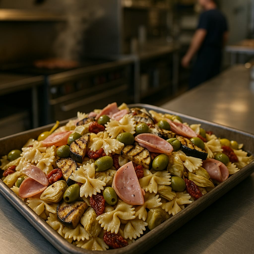 Mortadella Farfalle Antipasto Tray — farfalle pasta, grilled eggplant, marinated artichoke hearts, castelvetrano olives, and sun-dried tomatoes
