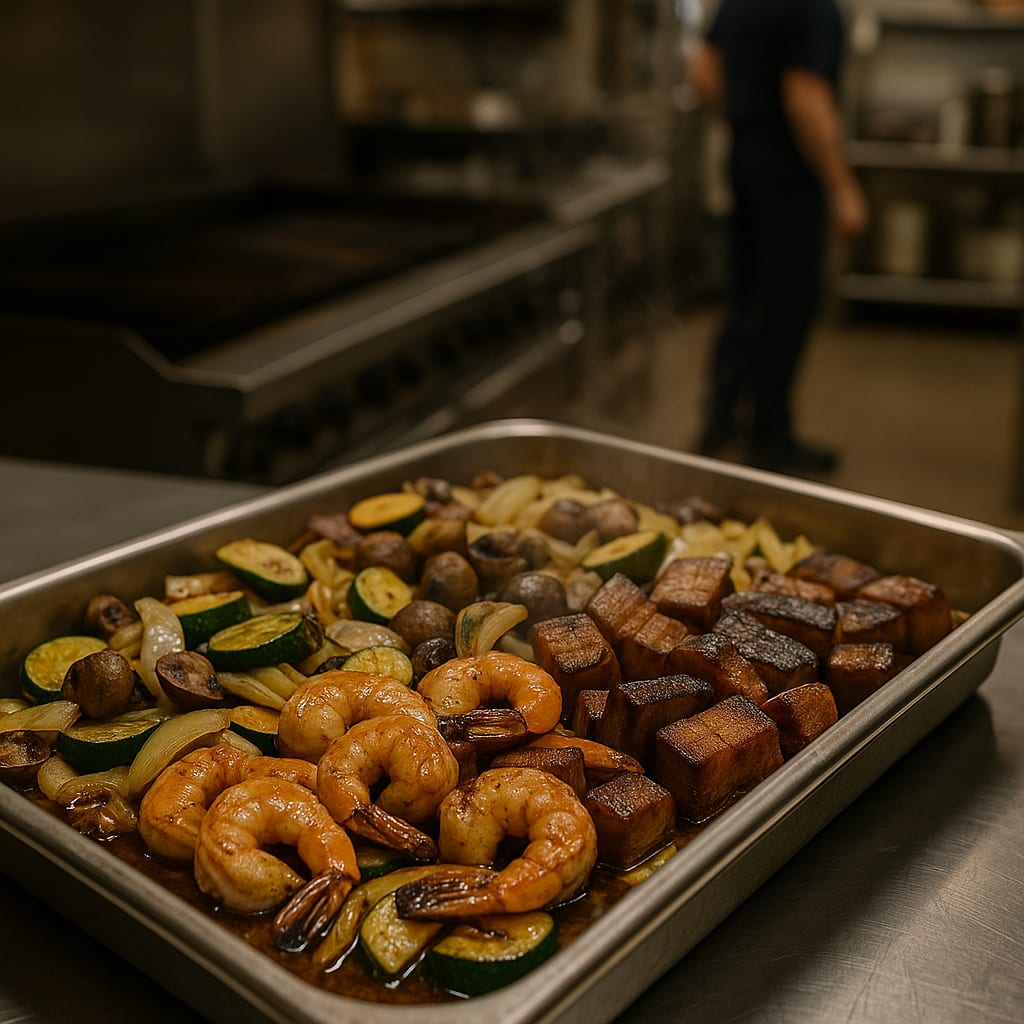 Teppan Shrimp and Pork Belly Mixed Grill — jumbo shrimp, zucchini, cremini mushrooms, and yellow onions