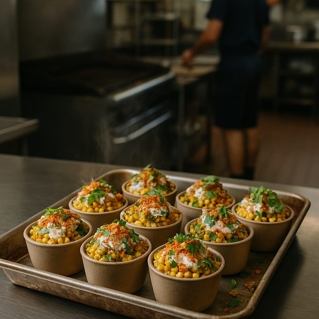 Epazote Esquites Street Cups — corn, mexican crema, queso fresco, tajín seasoning, crushed totopos, and fresh cilantro