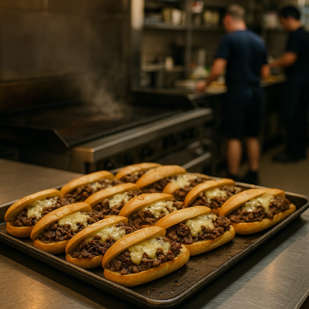 Cooper Sharp Chopped Ribeye Hoagies — ribeye steak, cooper sharp cheese, and amoroso hoagie rolls