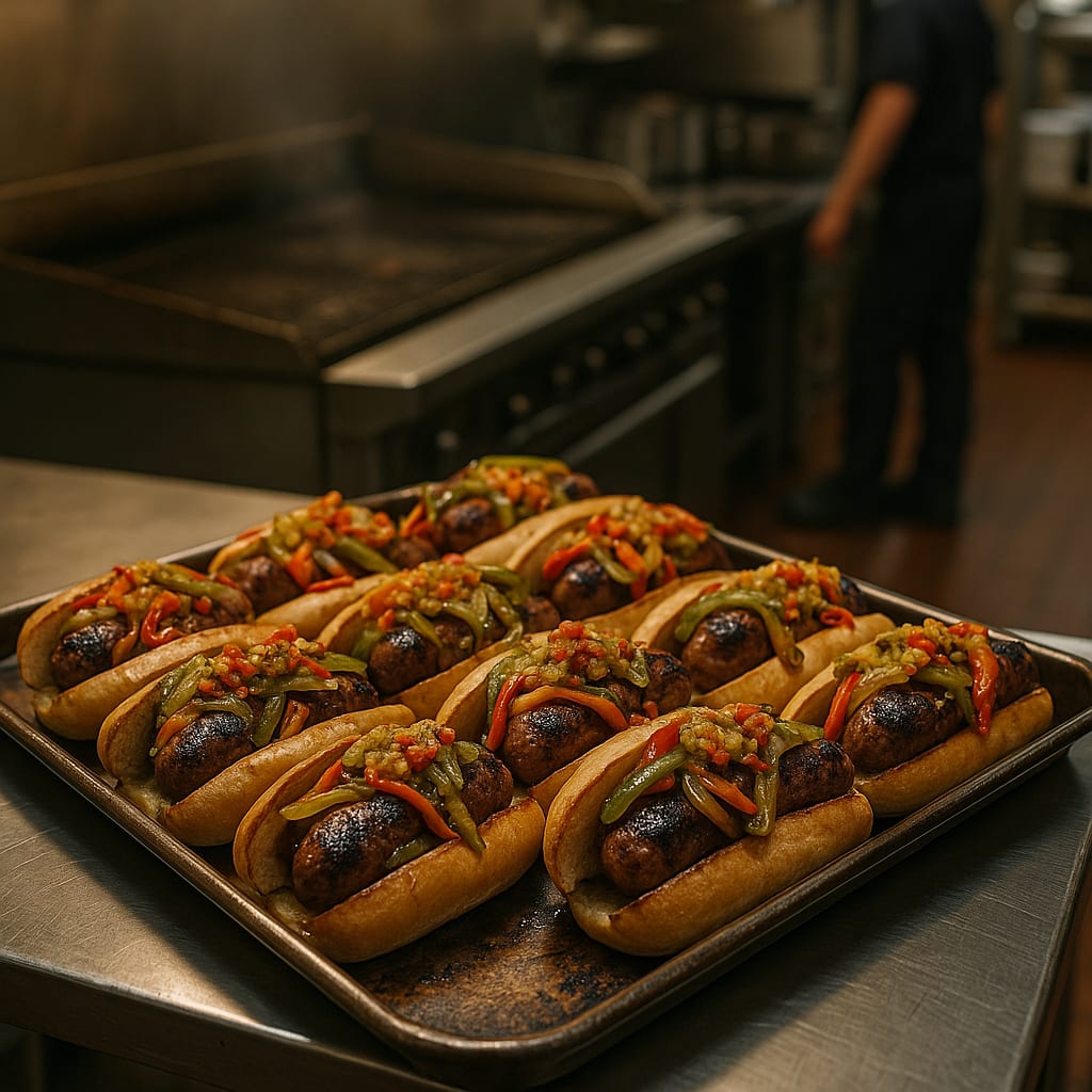 Giardiniera Smash Sausage Hoagies — sweet italian sausage, cubanella peppers, vidalia onions, hoagie rolls, and giardiniera relish