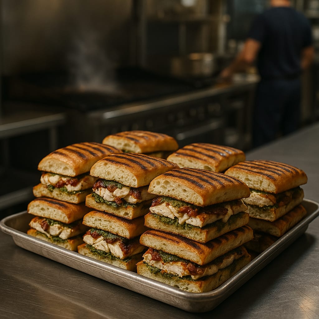 Sun-Dried Tomato Pesto Panini Press — chicken breast, focaccia loaves, buffalo mozzarella, and oil-packed sun-dried tomatoes