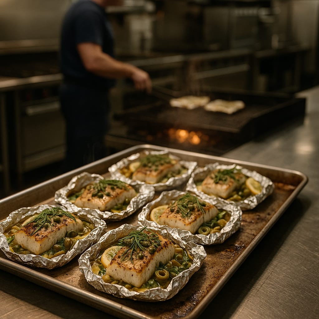 Caper-Butter Cod Foil Packets — atlantic cod fillets, nonpareil capers, fennel bulb, picholine olives, lemons, and fresh tarragon