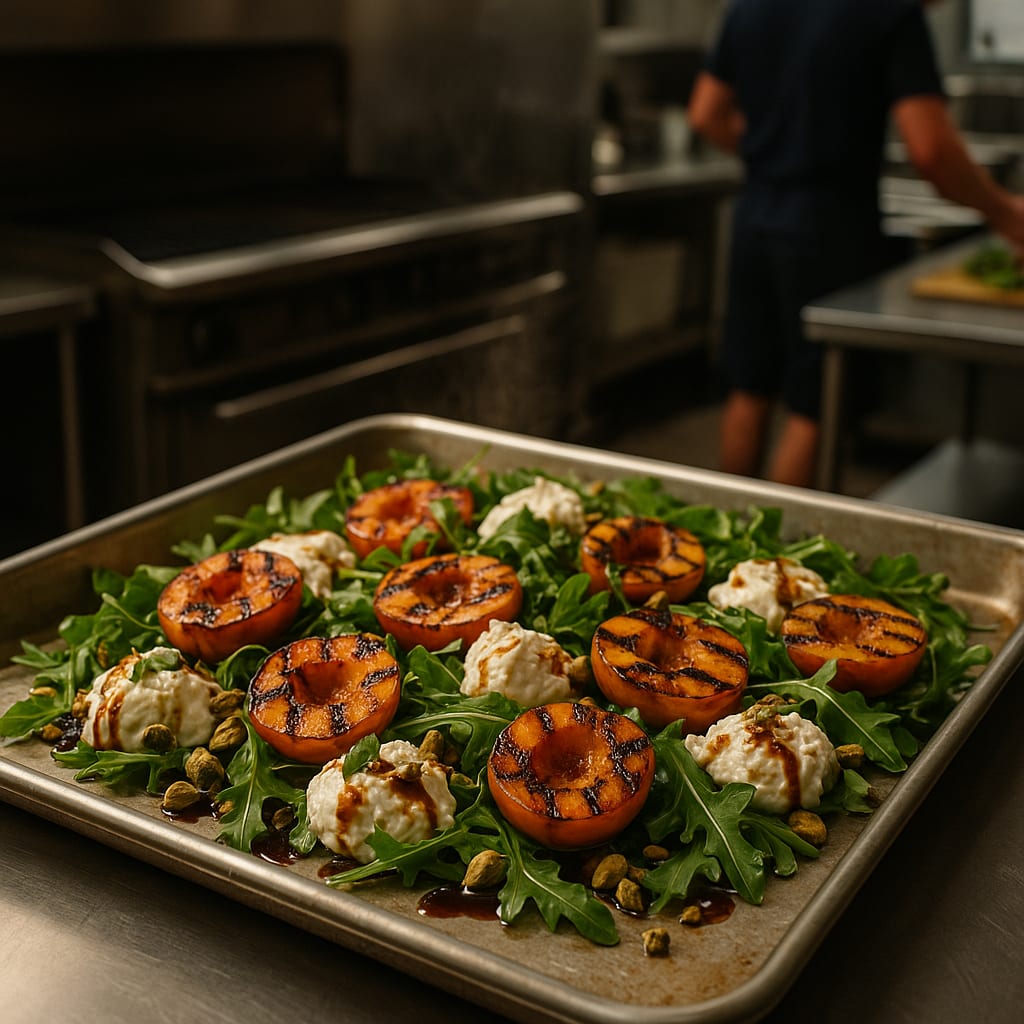 Pistachio Peach and Burrata Salad — grilled peaches, burrata cheese, baby arugula, and prosecco reduction