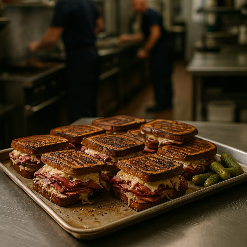 Grilled Reuben Sandwiches for the Crew — corned beef, marbled rye bread, swiss cheese, sauerkraut, and pickles