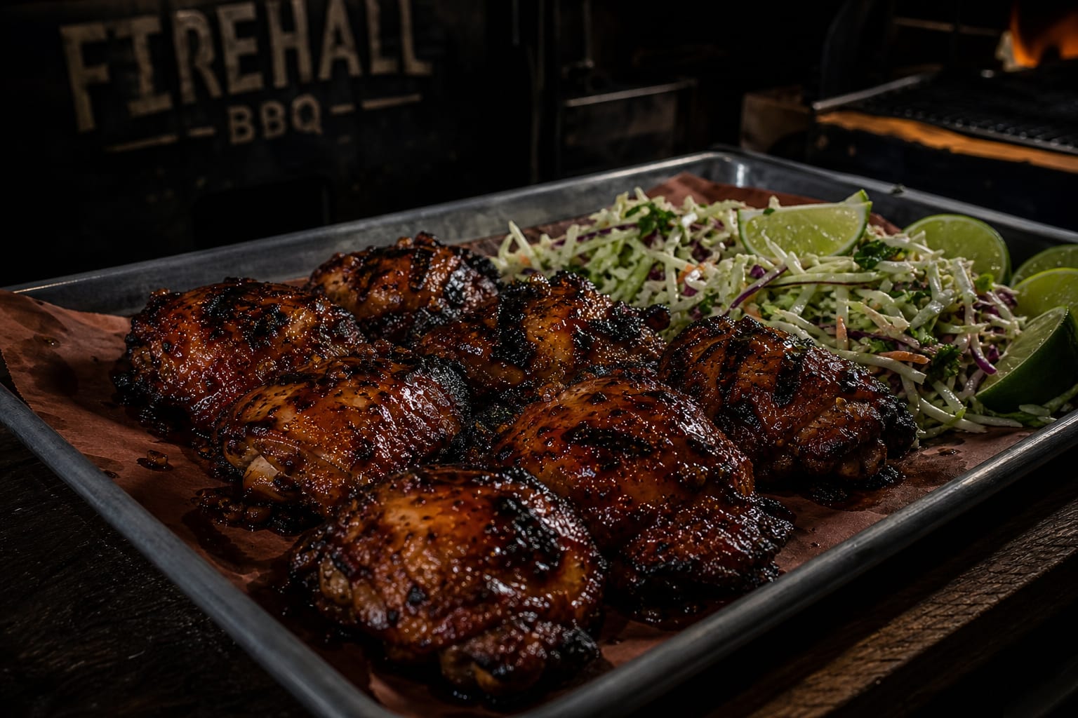 Honey Chipotle Grilled Chicken Thighs — shredded cabbage mix and lime wedges