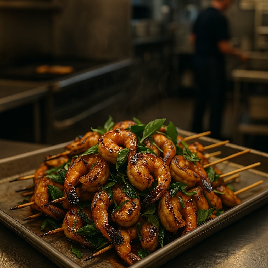 Palm Sugar Lime Shrimp Skewers — thai basil