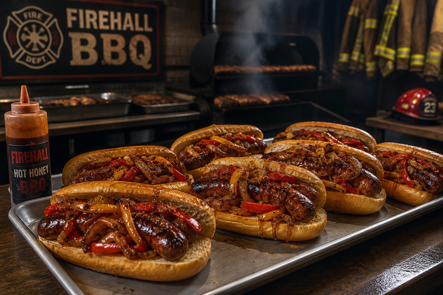 Hot Honey Grilled Sausage & Peppers — italian sausage links, bell peppers, yellow onions, and sub rolls