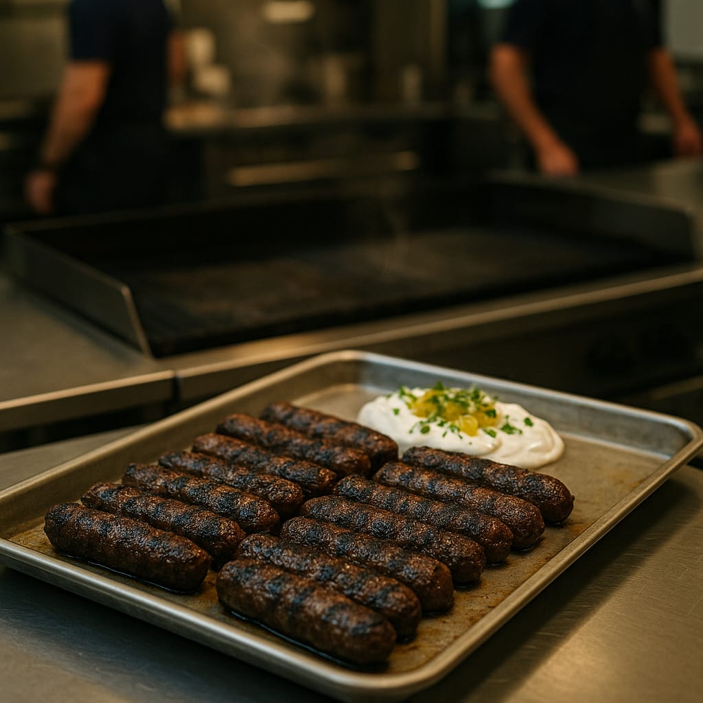 North African Urfa Lamb Merguez Logs — yogurt sauce and preserved lemon