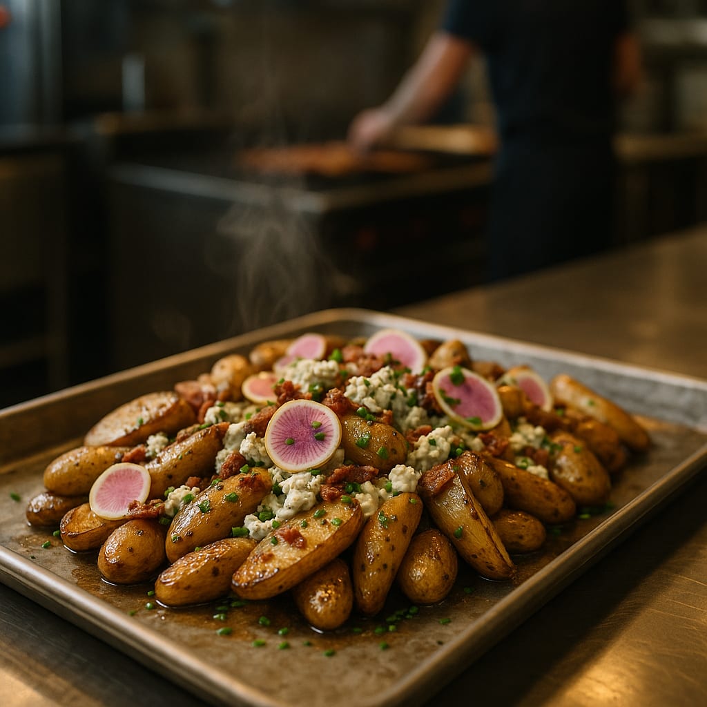 Blue Cheese Fingerling Ranch Tray — fingerling potatoes, pancetta, crumbled blue cheese, fresh chives, and watermelon radish
