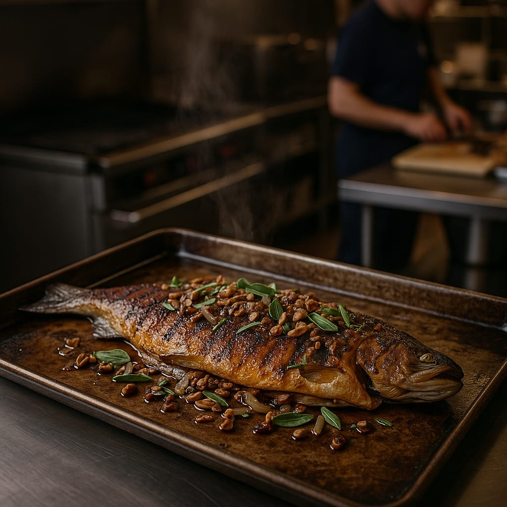 Pecan Bourbon Whole Trout Board — whole rainbow trout and fresh sage