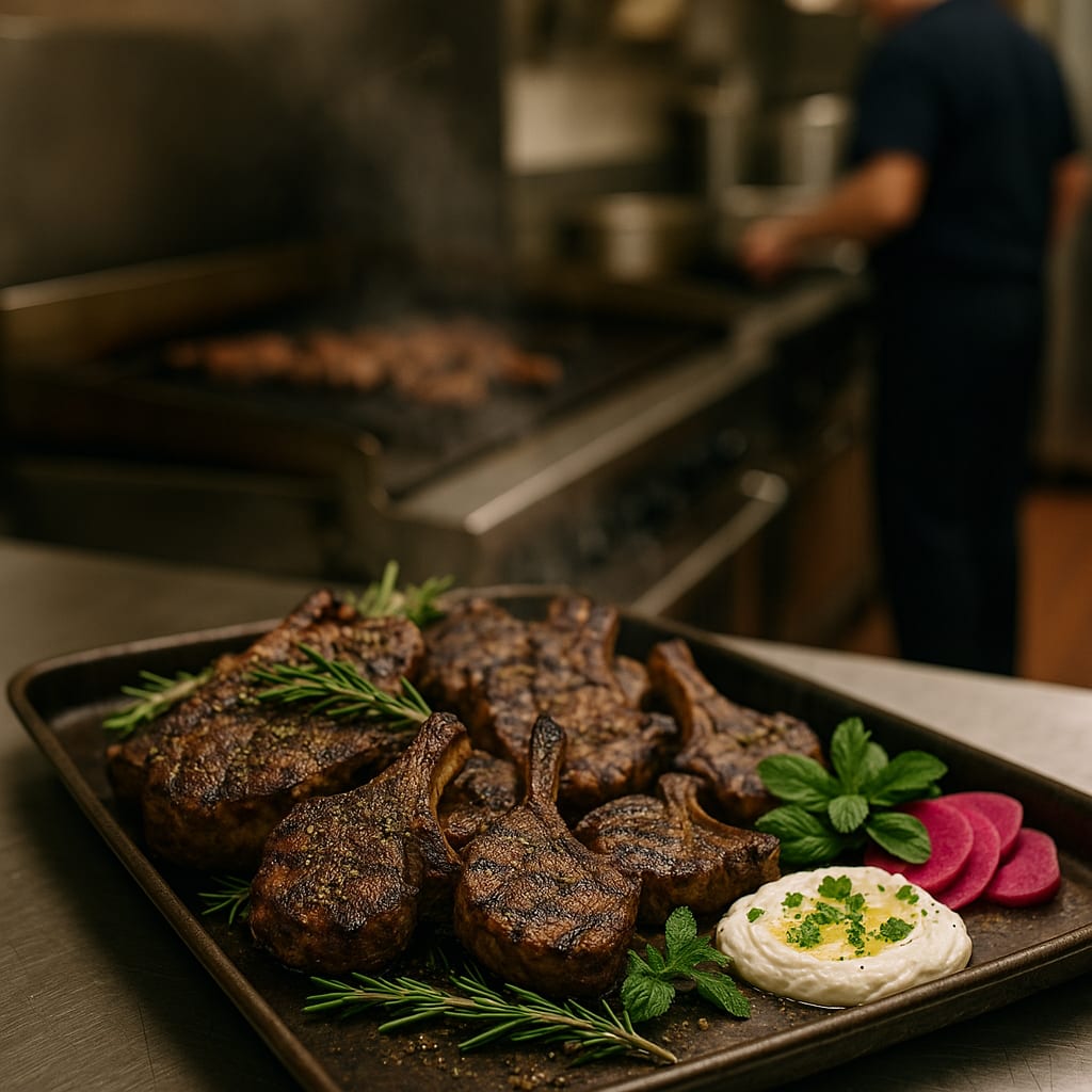 Za'atar Loin and Shoulder Lamb Board — lamb chops, labneh, pickled turnips, and fresh mint