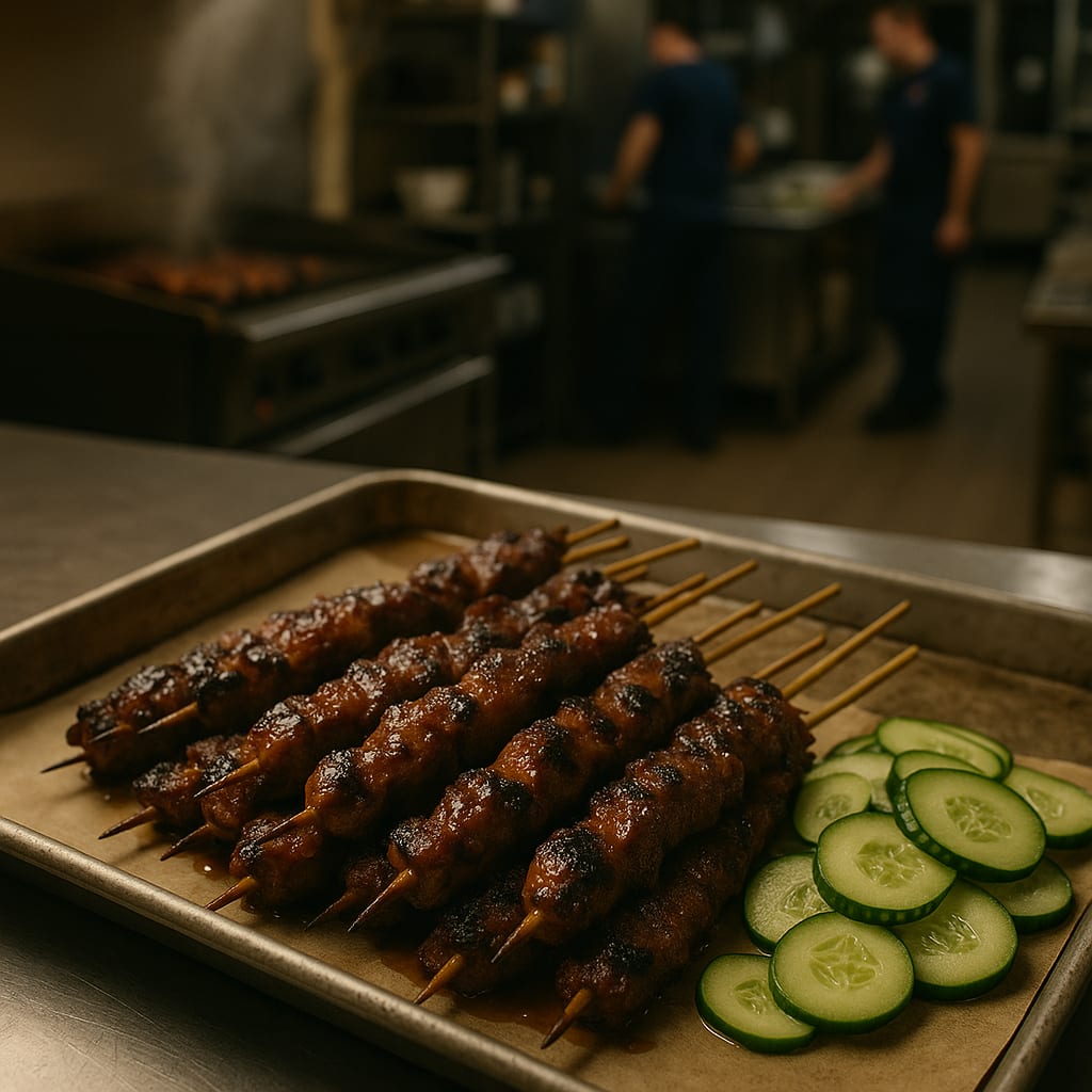 Indonesian Tamarind Pork Satay Batches — pork skewers and cucumber slices