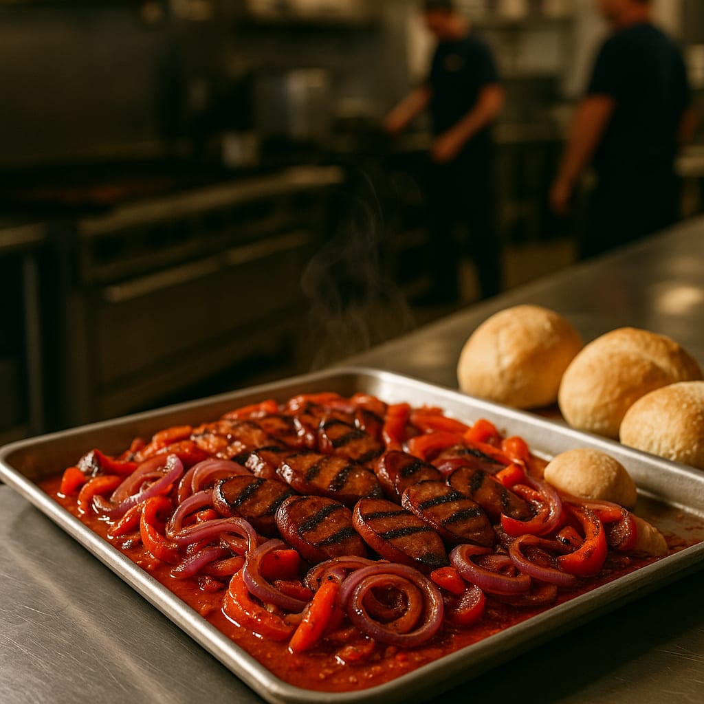 Lisbon Piri-Piri Linguica Spread — portuguese linguica, red onions, red bell peppers, and crusty rolls