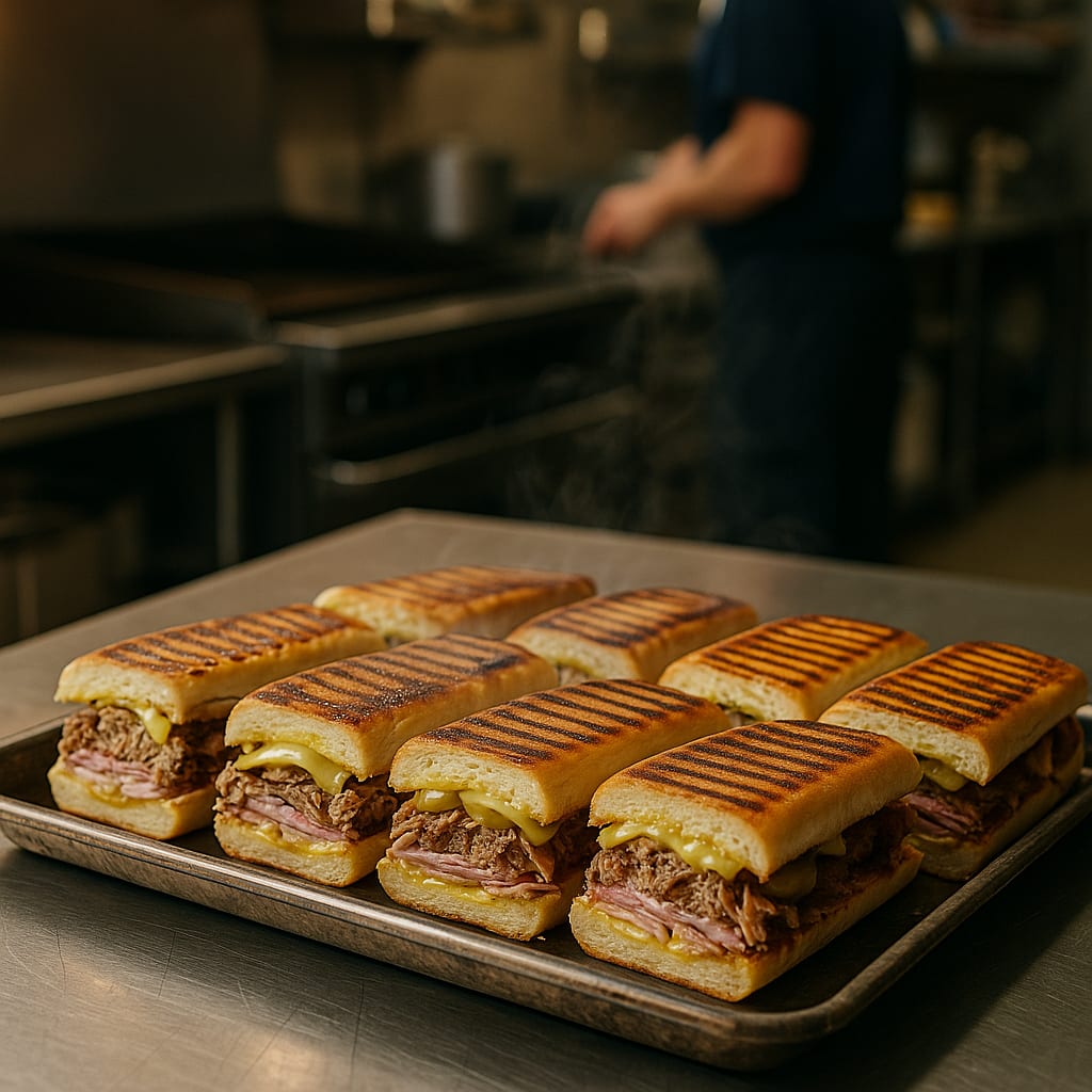 Pressed Cuban Sandwiches for the Crew — pork shoulder, cuban bread loaves, deli ham, swiss cheese, and dill pickle chips