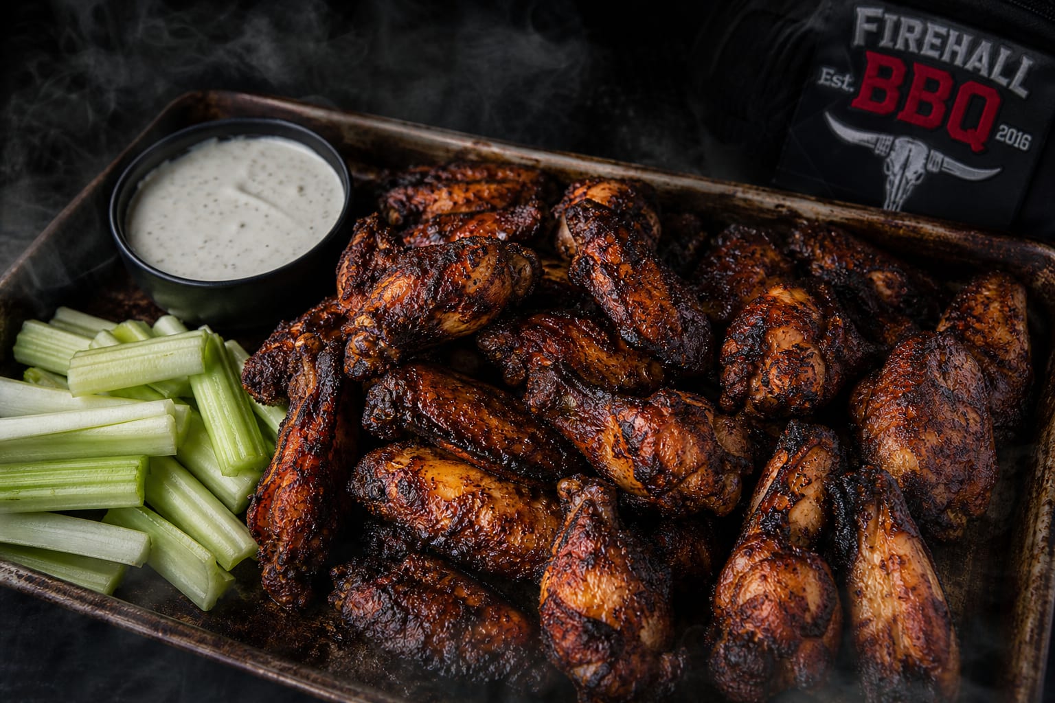 Smoked BBQ Chicken Wings Tray — celery sticks and ranch dressing