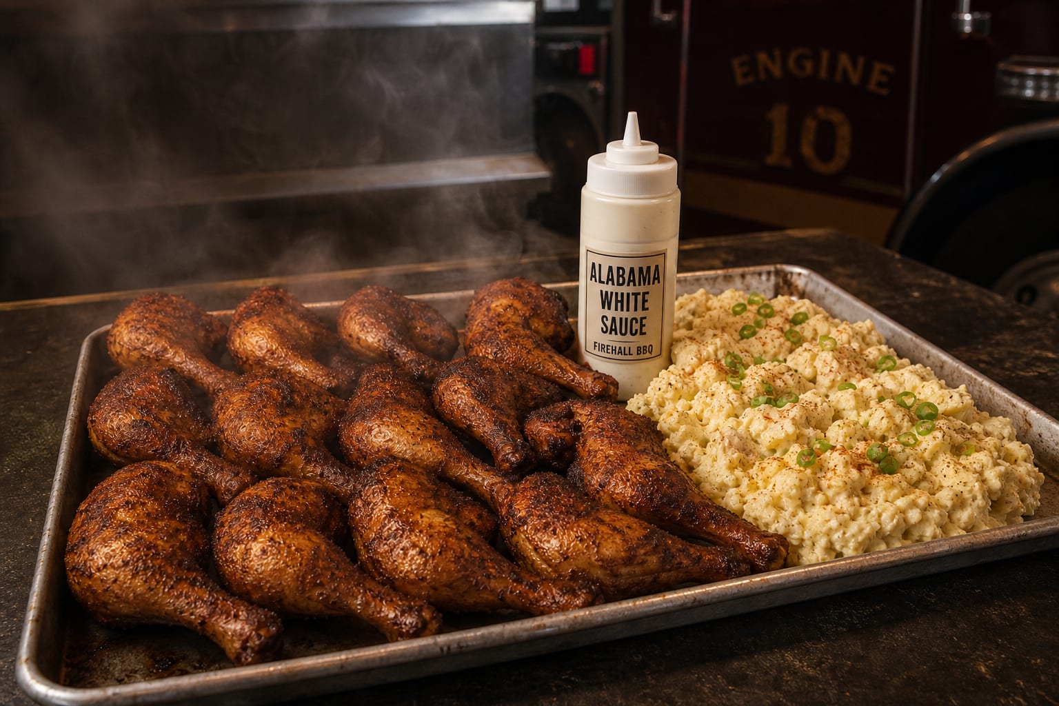 Smoked Chicken Quarters with White Sauce — chicken leg quarters and potato salad
