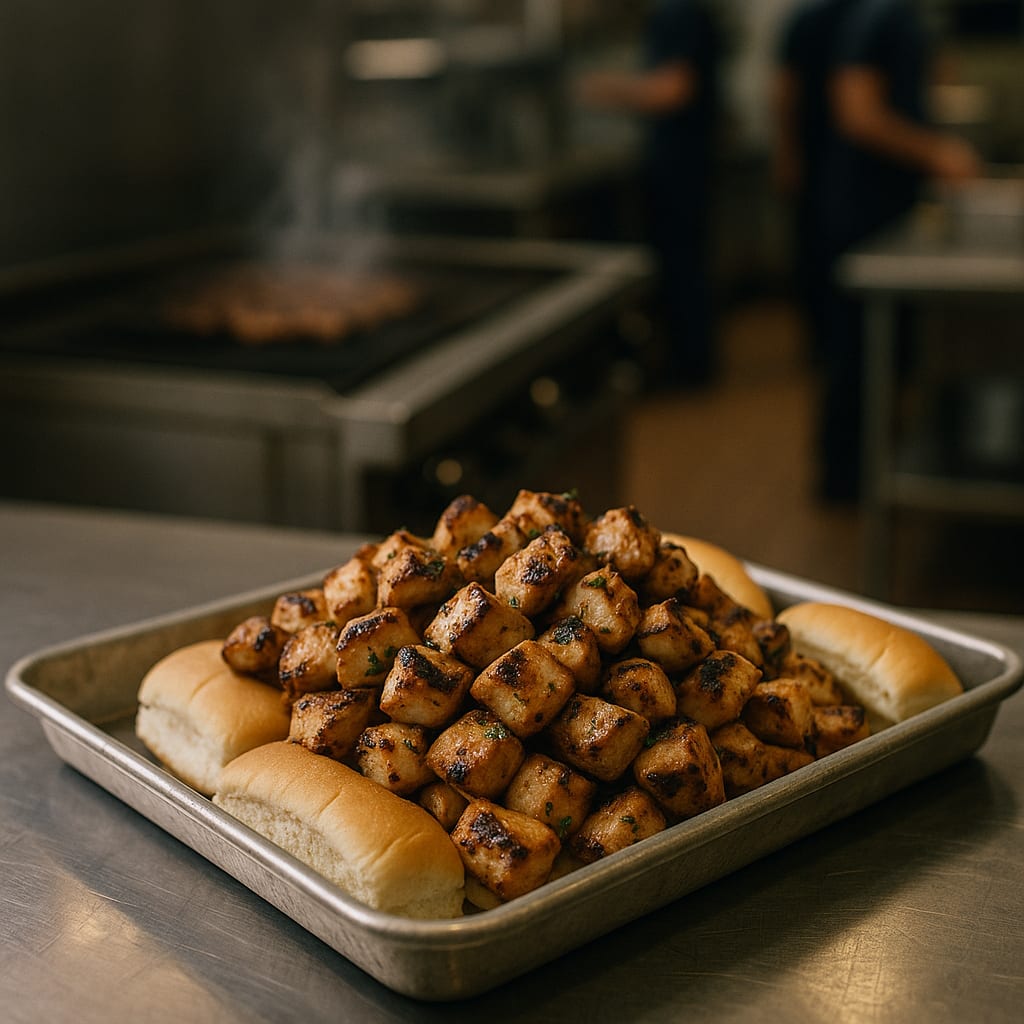 Binghamton White-Wine Spiedie Tray — chicken breast and potato rolls