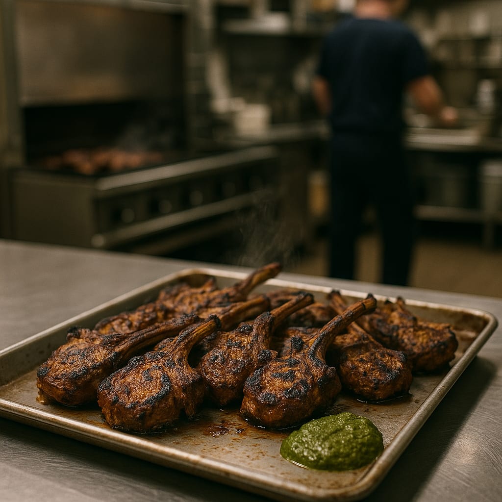 Kashmiri Mustard-Oil Lamb Chop Feast — lamb loin chops and mint-coriander chutney