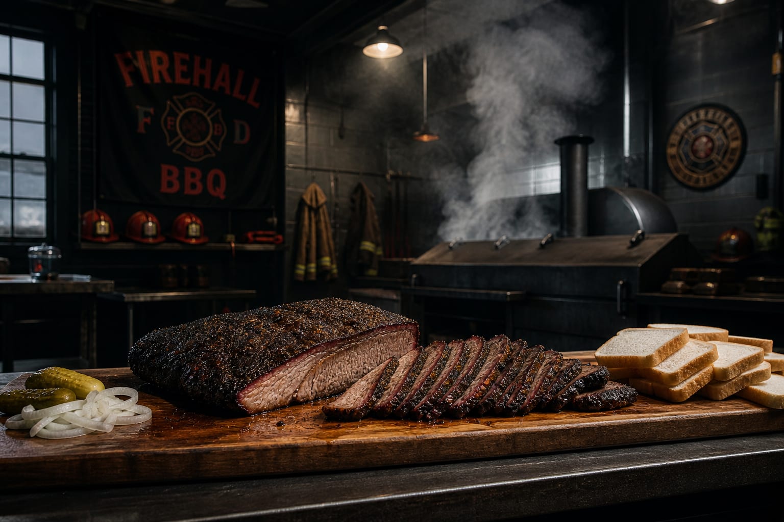 Texas Central Brisket for the Crew — dill pickle chips, white onion, and white bread