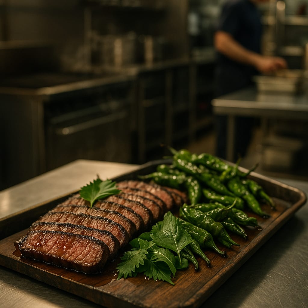 Tokyo Tare Ribeye Yakiniku Board — ribeye steak, shishito peppers, and shiso leaves